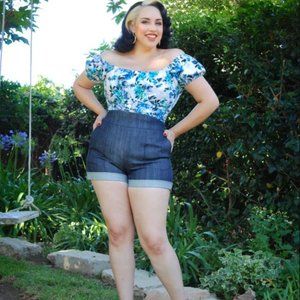 Peasant Top- Blue Flowers Print